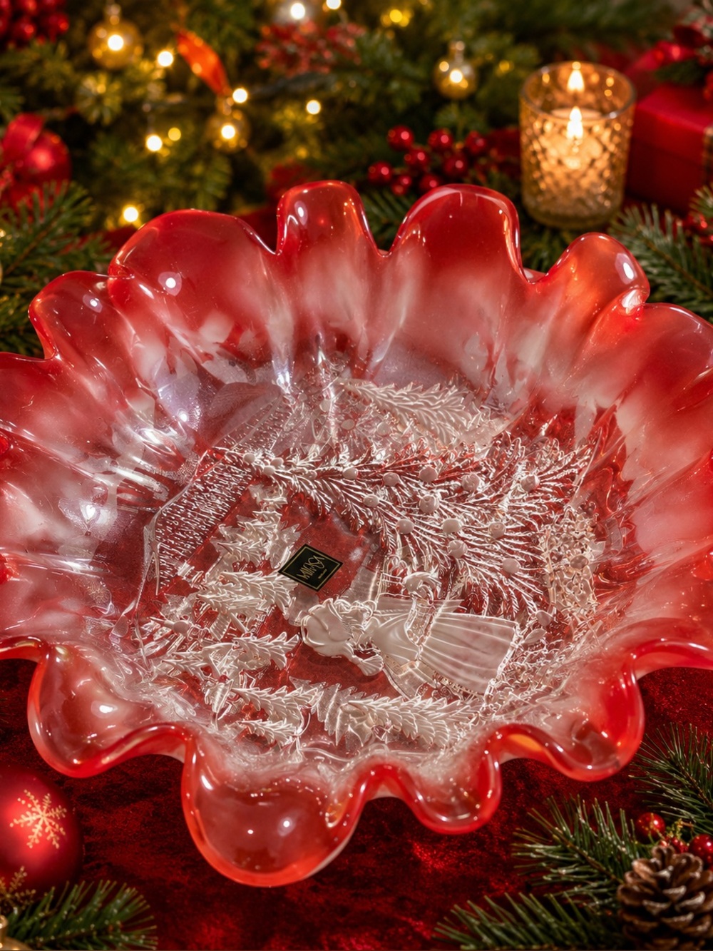 Mikasa Christmas Frosted Glass Serving Bowl Holiday Village Tree Ruffled Edge
